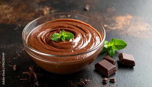Chocolate batter in a clear glass bowl with fresh mint garnish
