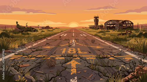 Post-apocalyptic abandoned airport runway with airplane wreckage at sunset