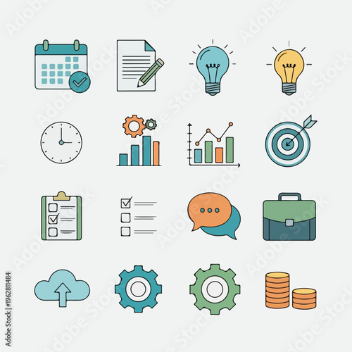Colorful vector illustration of various business, work, and productivity icons