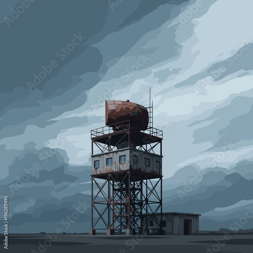 Rusty abandoned industrial radar tower under gloomy storm sky