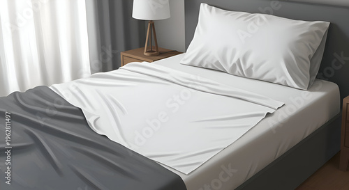 A made-up bed with white fitted sheet and gray comforter, showcasing fabric drape and detail in an interior bedroom setting. Empty and ready for use, a blank canvas for bedsheets and linens.