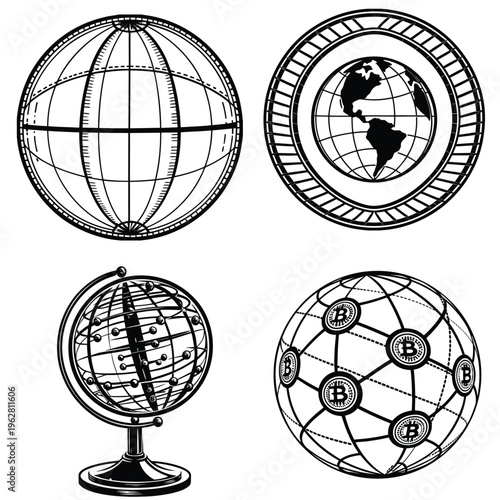 Global Finance Currency and Bitcoin Digital Money Icons