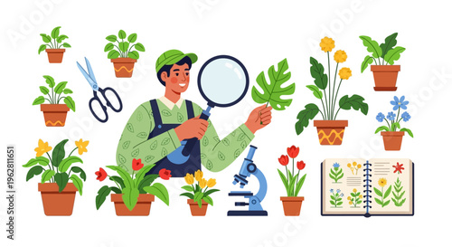 Gardener examining plant leaf with magnifying glass.