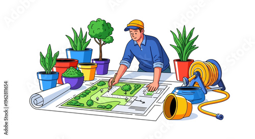 Gardener Planning Landscape Design with Plants and Tools.