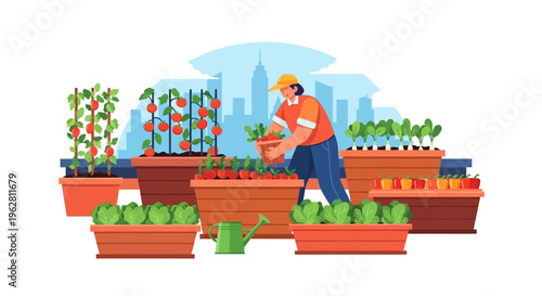 Gardener planting vegetables in urban rooftop garden setting.