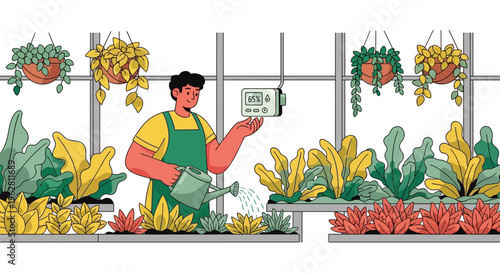 Gardener tending to plants with watering can and tablet.