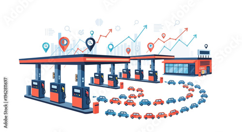 Gas Station with Cars and Financial Graphs.