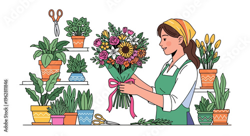 Florist arranging a beautiful bouquet of flowers with care.