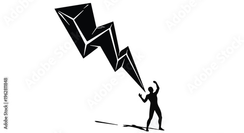 Businessman stands underneath a giant lightning bolt to symbolize a sudden flash of inspiration, intense creative energy, or the overwhelming pressure of professional corporate decision making.