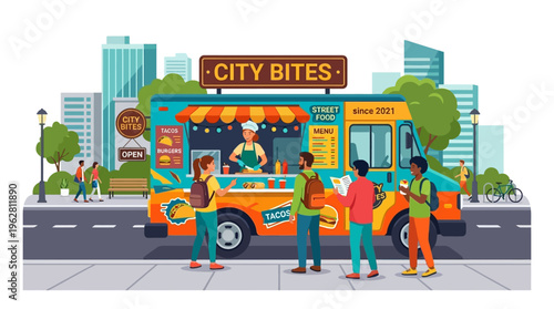 Food Truck City Bites Serving Customers Delicious Street Food.