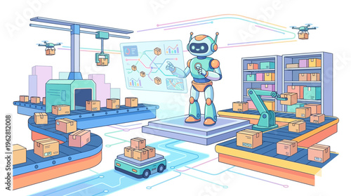 Futuristic Robot Overseeing Automated Warehouse Operations.