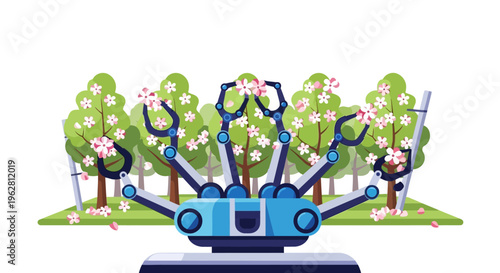 Futuristic Robotic Arm in a Spring Orchard.