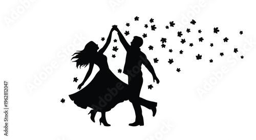 A dynamic silhouette illustration portrays a joyous dancing couple, hands clasped high, surrounded by a celebratory cascade of stars or confetti, symbolizing romance, happiness, and special occasion.
