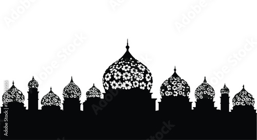 Mosque architecture silhouette displays an intricate collection of domes and minarets that celebrate traditional Islamic design, cultural heritage, and sacred architectural beauty in a bold style.