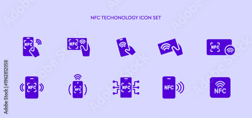 NFC payment technology for contactless payment with NFC card, Credit card or smartphone icon set. Paying by mobile scan. Smart money transaction online banking, finance concept. Simple glyph icons.