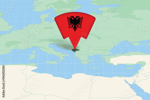 Albania map location with national flag pin, Balkans Europe country marker vector illustration