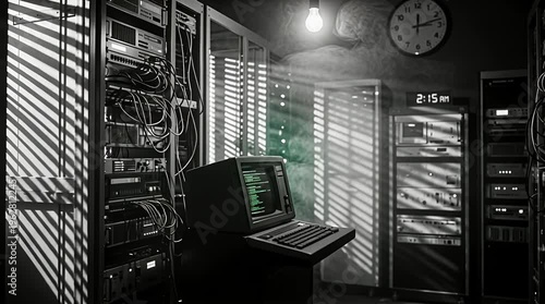 Retro server room ambiance with vintage computing equipment and blinds casting shadows, old technology, digital display, analog clock.
