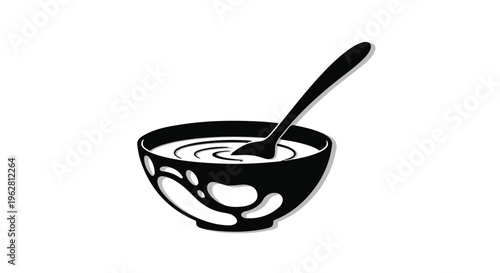 A simple black and white graphic illustration depicts a bowl filled with a swirling liquid, possibly soup or cereal, accompanied by a spoon ready for consumption, symbolizing basic sustenance and a.