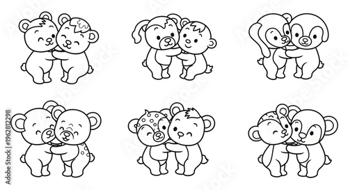 Cute cartoon animals hugging pairs of friends showing affection and love