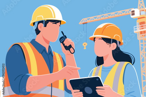 Construction workers with walkie talkie and tablet near crane, stylized vector illustration of teamwork.