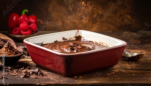 Chocolate batter in red baking dish ready for the oven