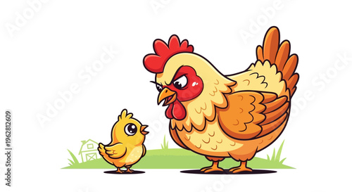 A mother hen scolds her chick for not listening to her, illustration of a farm animal relationship