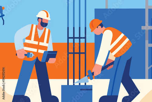 Construction workers with tablet and tools at rebar site, stylized vector illustration of teamwork.