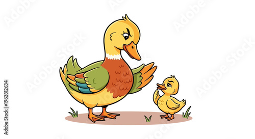 A mother duck scolding her little duckling in a cartoon illustration style, with grass and dirt ground visible under the white background