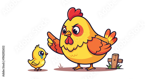 A stern mother hen scolds her crying chick near a small wooden cross, illustrating discipline and sorrow