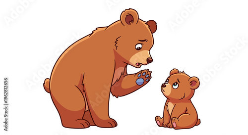 An endearing cartoon illustration depicting a caring mother bear gently explaining something important to her curious cub, fostering a heartwarming moment of wildlife family interaction and guidance