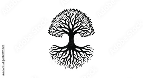 An intricately detailed black and white illustration of a tree with widespread branches and deep roots symbolizes growth, connection, and life on a plain white canvas.