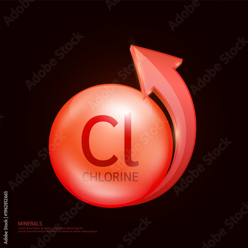 Chlorine minerals form red ball circle with arrow on a dark background. Mineral vitamins complex essential supplement health. Food nutrition and medicine. Medical science concept. 3D Vector.