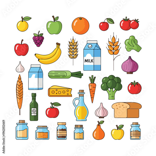 Colorful vector illustration of various fruits, vegetables, and food items