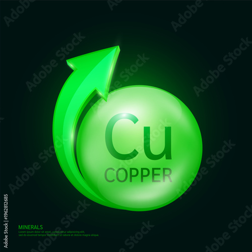 Copper minerals form green ball circle with arrow on a dark background. Mineral vitamins complex essential supplement health. Food nutrition and medicine. Medical science concept. 3D Vector.