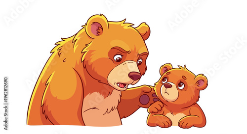 A concerned mother bear gently consoles her worried cub with a comforting hand on its shoulder