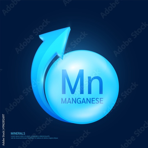 Manganese minerals form blue ball circle with arrow on a dark background. Mineral vitamins complex essential supplement health. Food nutrition and medicine. Medical science concept. 3D Vector.