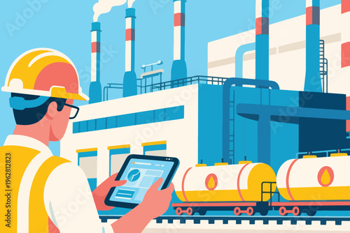 Industrial worker with helmet and tablet at refinery plant, stylized vector illustration of energy industry.