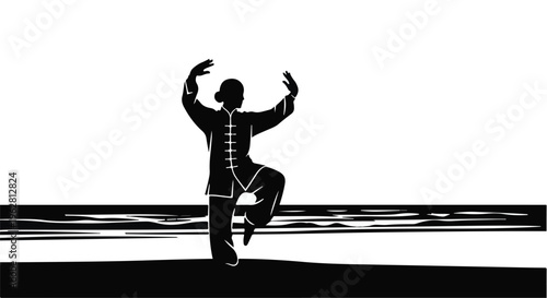 A solitary figure in traditional martial arts attire performs a graceful Tai Chi pose against a clean white backdrop with stylized dark horizontal bands.