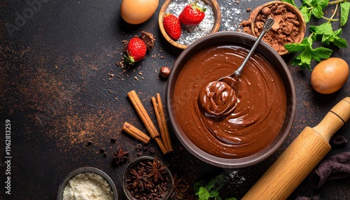 Chocolate batter with baking ingredients arranged on a dark surface