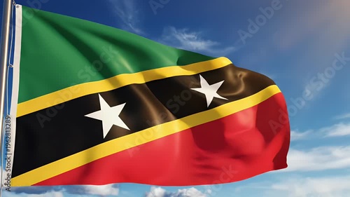 A national flag with green, black, yellow, and red stripes and two white stars, waves in blue sky