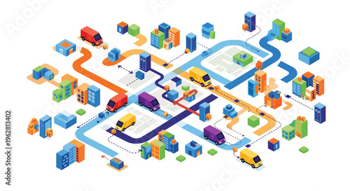 Isometric Logistics Network with Delivery Vehicles and Buildings.