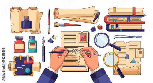 Hands writing on document with historical tools and books.