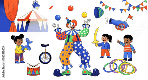 Happy Clown Entertaining Children at a Vibrant Circus.