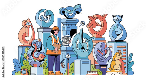 Illustrator depicts a construction worker inspecting abstract sculptures.