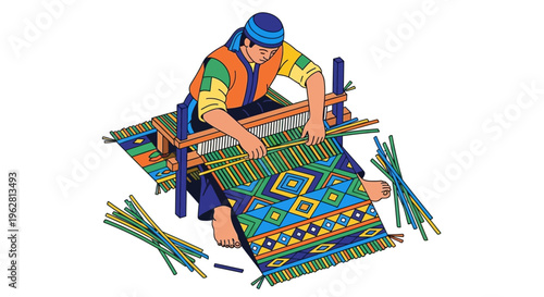 Indigenous person weaving colorful textile on traditional loom.