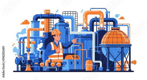 Industrial Plant Worker Inspecting Complex Machinery.