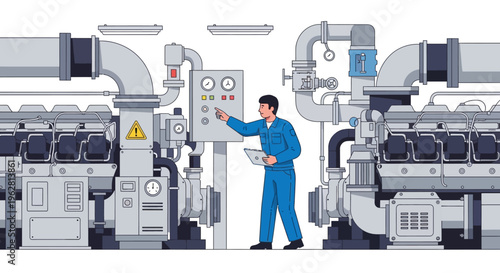 Industrial Worker Operating Complex Machinery Control Panel.