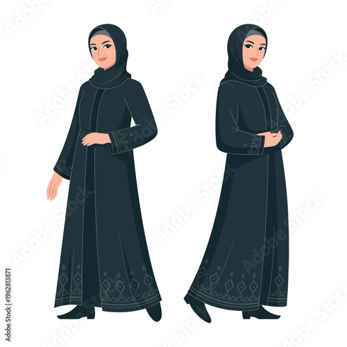An illustration of a woman wearing a traditional abaya and hijab