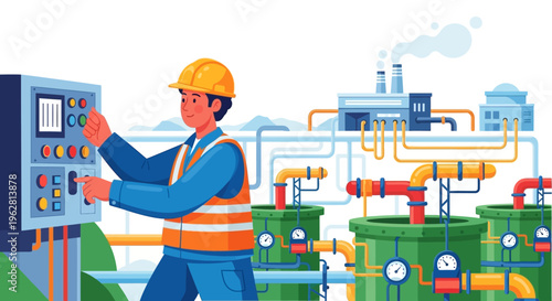 Industrial worker operating control panel in factory setting.