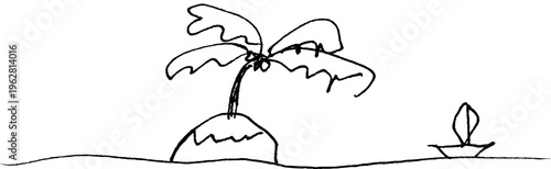 Simple monochrome pen drawing of a palm tree island and sailboat in a doodle style